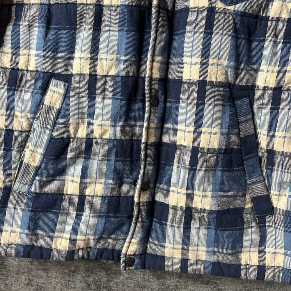 Levis Mens Blue Plaid Quilted Hooded Flannel Shirt Jacket Insulated Size Medium